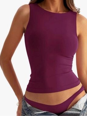 Plum Double Layered Ruched Tank Top Fitted Sleeveless Chic